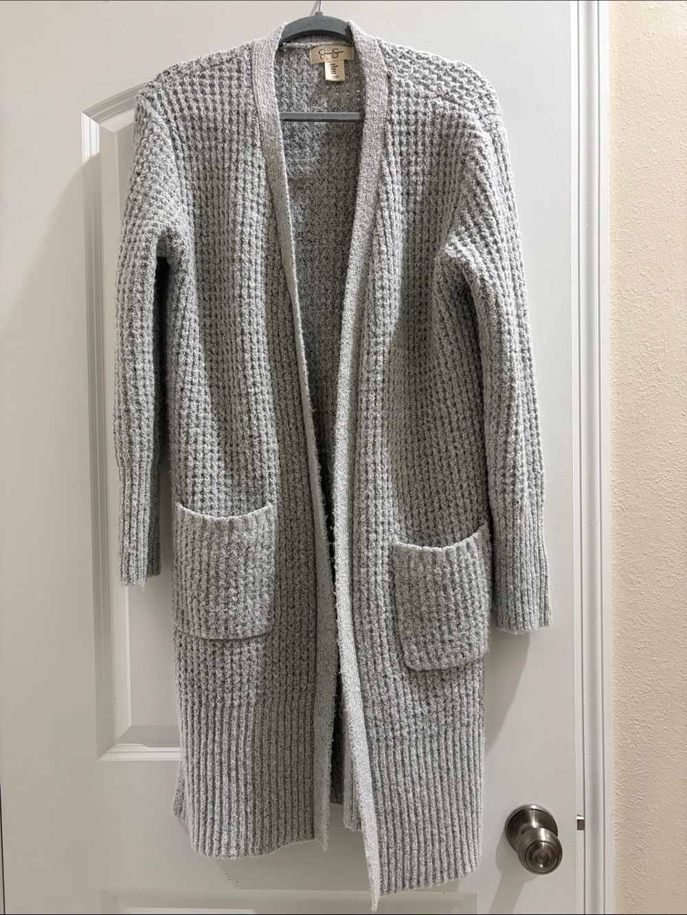 Jessica Simpson Light Gray Waffle-Knit Open Cardigan with Pockets